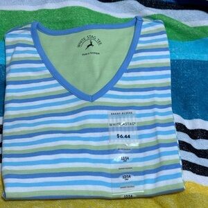 Brand new ladies v-neck White Stag tee, size 12-14 . Purple/blue/green stripes